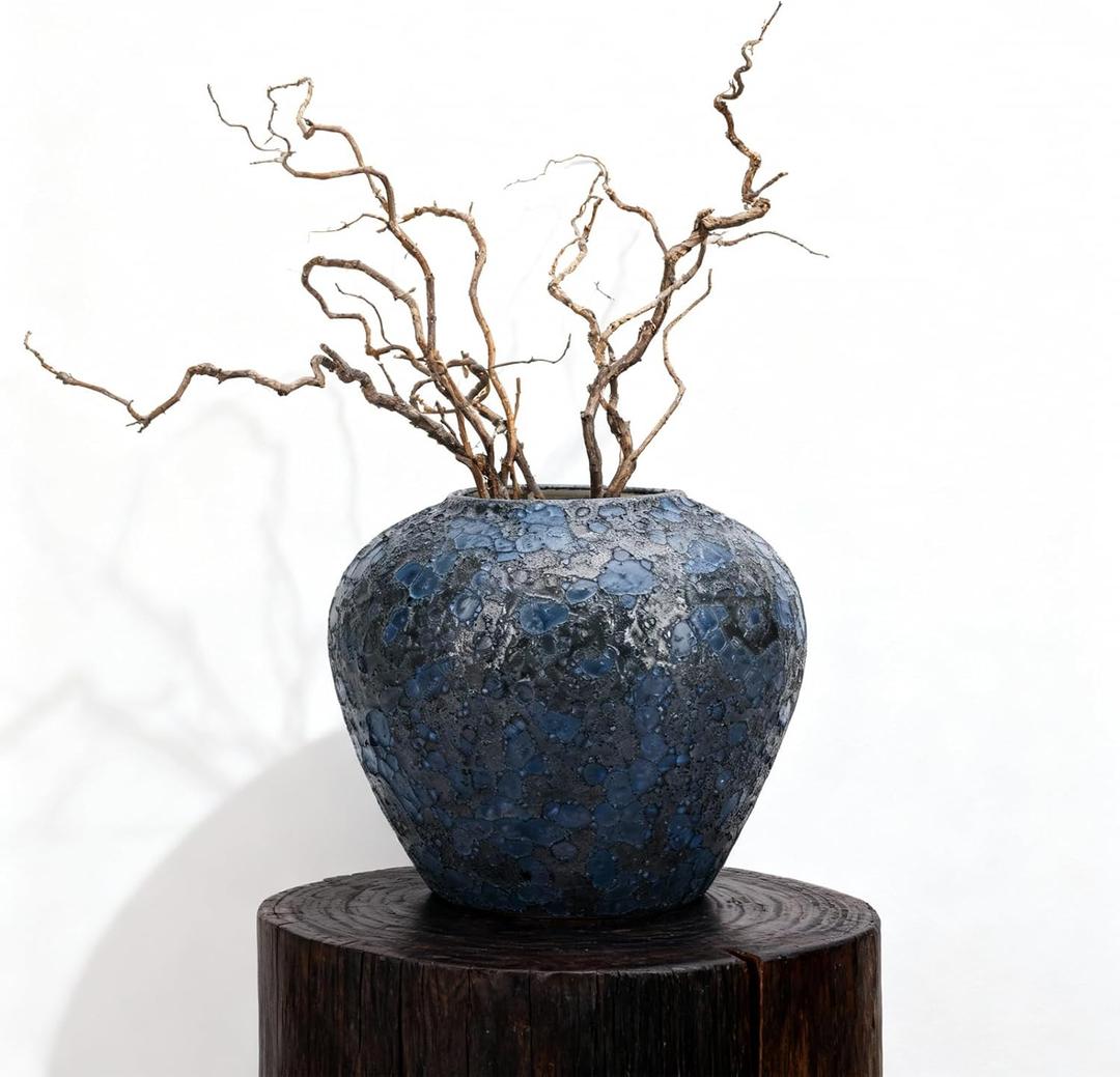 Rustic Blue Ceramic Vase, 7.9" Vintage Terracotta Pottery Vase for Living Room, Table Centerpieces, Wide Mouth Blue Vases for Home Decor, Farmhouse Kitchen Decor, Decorative Navy Vase for Flowers