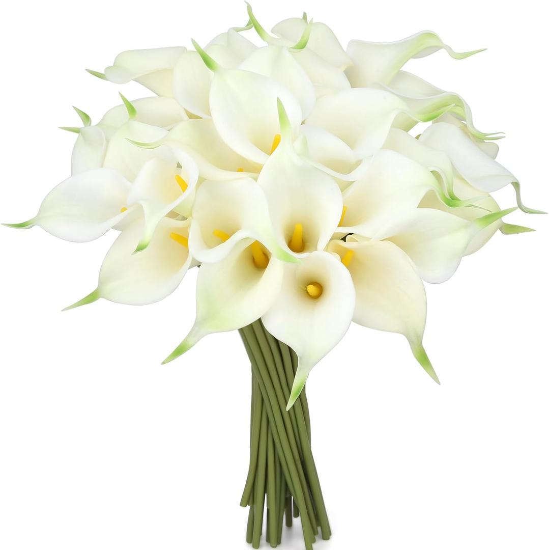 24 Pcs White Artificial Flowers Fake White Calla Lily Silk Flower Real Touch for Wedding Office Home Kitchen Decor