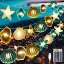2 Pcs Ocean Beach Themed Sea Life Cute Fairy Decorative String Lights 10 FT 30 LEDs, 8 Light Modes Battery Operated, Starfish and Seashell Design for Summer Room, Ocean Bathroom, Beach Party Decor