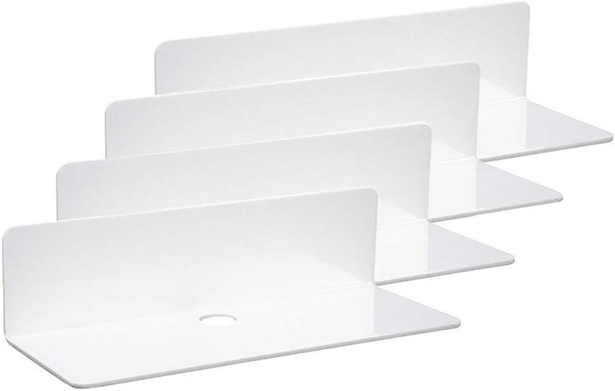 IEEK 9 Inch Acrylic Floating Shelves Set of 4,Small Wall Display Shelf for Bluetooth Speakers/Security Cameras/Nintendo Switch/Action Figures,Damage-Free Wall Shelves Stick-On Shelf,White (White With Adhesive Tape)