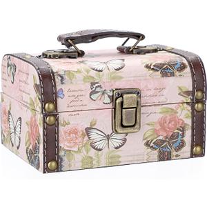 ELLDOO Decorative Treasure Chest Box, Wooden + PU Leather Storage Box for Jewelry Trinkets, Keepsakes box for Girls Women Gifts (Butterfly Pattern, Small)