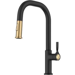 KRAUS Torak Pull Down Kitchen Faucet in Spot-Free Brushed Brass/Matte Black with 2 Function Sprayer, Pre-Attached Water Lines, and Mounting Hardware, KPF-2841SFBBMB