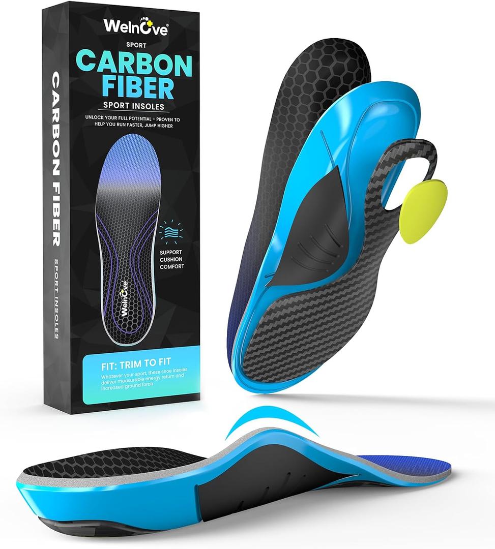Carbon Fiber Sport Insoles with Arch Support - Welnove Shock Absorbing Performance Insoles for Running,Sneaker Insoles - Energy Return,Increased Performance,Injury Protection-L[US M: 8-9/W: 9.5-10.5]