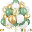 Sage Green and Gold Balloons, 12 Inch Olive Green White Metallic Gold Confetti Latex Balloons Set, Retro Green Gold Balloons for Girls Women Birthday Wedding Jungle Baby Shower Party Decorations