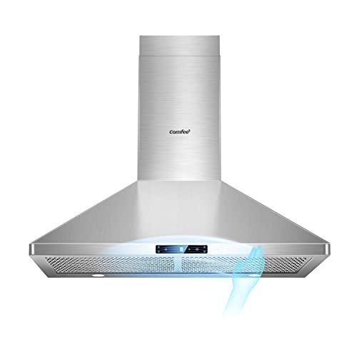 COMFEE' CVP30W7AST 30 Inch 450 CFM 3 Speed Gesture Sensing &Touch Control Panel Stainless Steel Wall Mount Ductless/Ducted Convertible Vent Baffle Filters and 2 LED Lights Range Hood