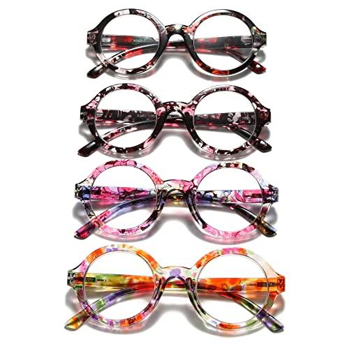 100 CLASSIC 4-Pack Oversized Round Blue Light Filtering/Anti-Glare Reading Glasses for Women Spring Hinges Floral Pattern Readers Ladies Fashion Eyeglasses (3.50x)