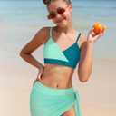 Girls Swimsuit V Neck Bikini Set Color Block with Cover Up 3Pcs Bathing Suits (Green, 13-14Y)