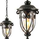 VIANIS Outdoor Pendant Light Lantern, Farmhouse Outdoor Chandelier, Vintage Outdoor Hanging Lights with Seed Glass, Brown Ceiling Lights for Porch, Porch Lights Ceiling for House (Medium Size, Oil-Rubbed Bronze)