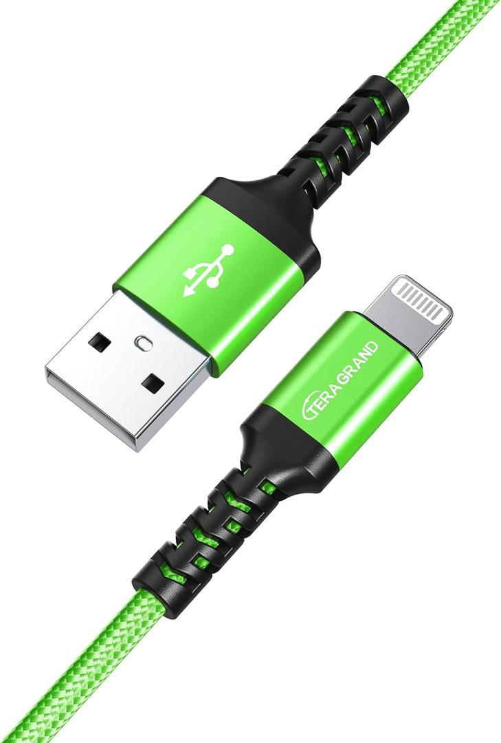 Tera Grand - Apple C89 MFi Certified Lightning to USB-A Braided Cable for iPhone 14/13/12/11 Pro Pro Max Plus Mini, SE XS Max XR X, 8/7/6 Plus, iPad, AirPods, 4 Ft Green