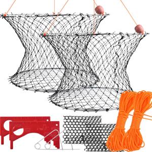 Double Ring Crab Trap - Steel Ring Crab Net, 24" Top, 20" Bottom, 50' Rope, Bait Bag, Clip, Gauge for Dungeness, Rock and Blue Crab, Double Ring Crab Trap Kit