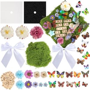 49 Pcs Spring Garden Theme DIY Graduation Cap Decor Faux Assorted Flowers White Bows 3D Butterfly Stickers Artificial Moss Crafts Alphabet Tiles for DIY Hat Grad Cap Topper Graduation Party Supplies