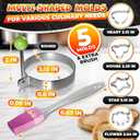 5 Pcs Pancake Mold Set  Stainless Steel Pancake Molds for Griddle with Fun Shapes, Comfortable Handles, and Non-Slip Design  Egg Shaper for Frying Pan with Silicone Brush for Easy Use & Cleaning