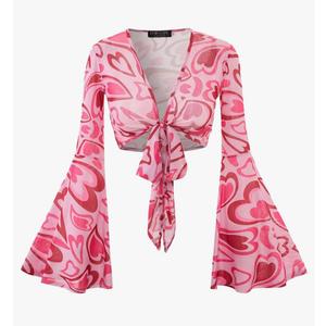 For G and PL Women Tie Front Bell Sleeve Rave Crop Tops Floral Print Hippie Mesh Sheer Shirt. XL