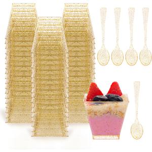 I00000 2oz Gold Glitter Square Mini Plastic Dessert Cups, 2 Ounce Small Plastic Cups with Mini Spoons, Include 100 Pieces Small Parfait Cup and 100 Pieces Gold Spoons for Pudding, Fruit and Ice Cream