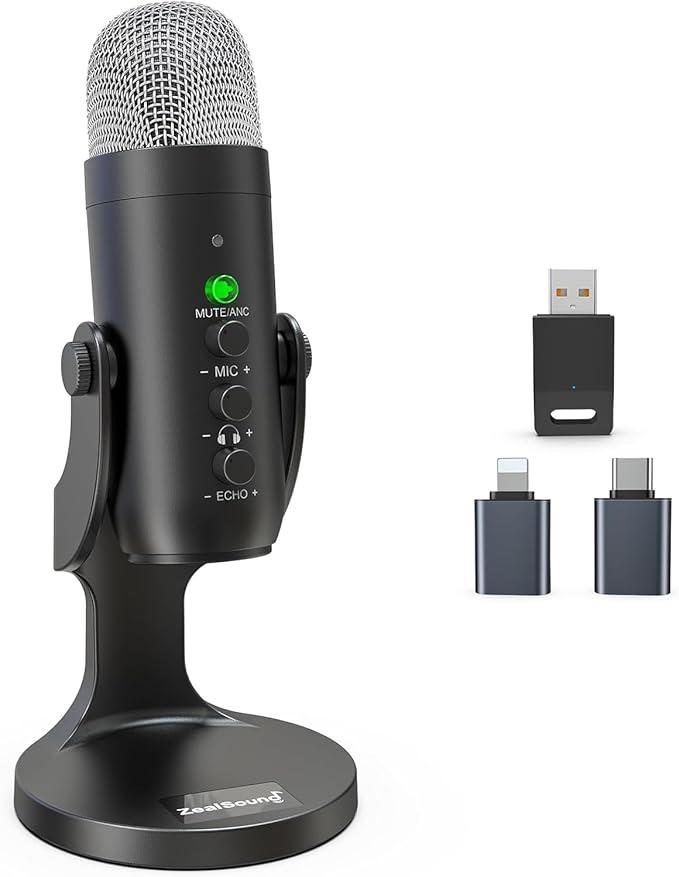 ZealSound Wireless Microphone,USB Mic for iPhone PC iPad Android PhoneCordless Condenser Desktop Microphones with Mute Echo Monitor Volume Gain 2.4GHz for Podcast,ASMR,Gaming,YouTube Video/K66 Black