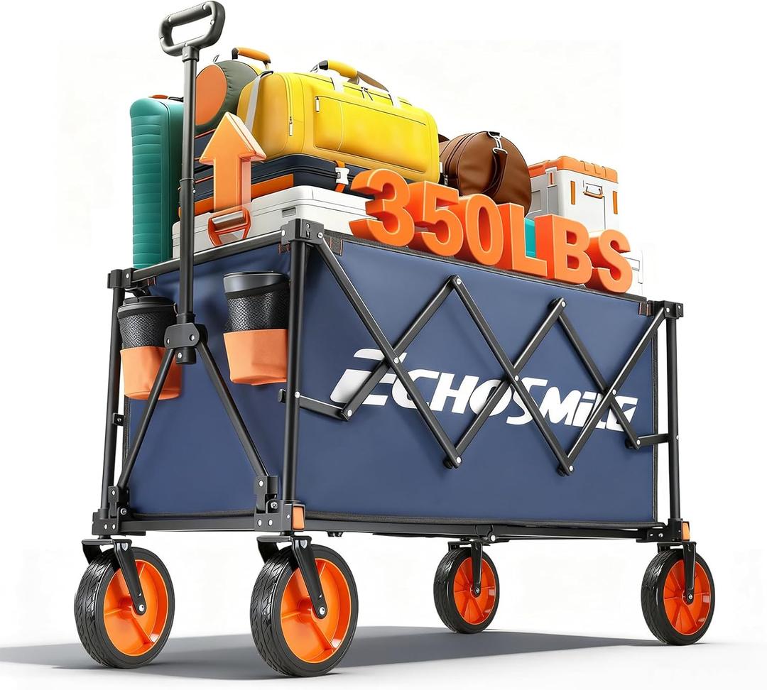 EchoSmile Collapsible Foldable Wagon Cart with 350lbs Weight Capacity, Heavy Duty Folding Utility Sport Wagon with Removeble Wheels for Camping,Grocery,Garden,Beach,Blue&Orange