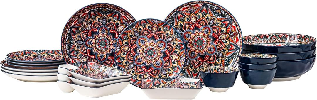 20 Pieces Dinnerware Sets, Boho Large Serving Bowls and Plates Chip Dip Serving Platter Set, Porcelain Dishes Set for 4, Buffet Dinnerware, Bohemian Style Dining Ware Service for 4, Vibrant Blue