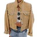 Omoone Women's Long Sleeve Rivet Studded Denim Jacket Casual Washed Short Jean Coat Western Outfits(Medium, Khaki)