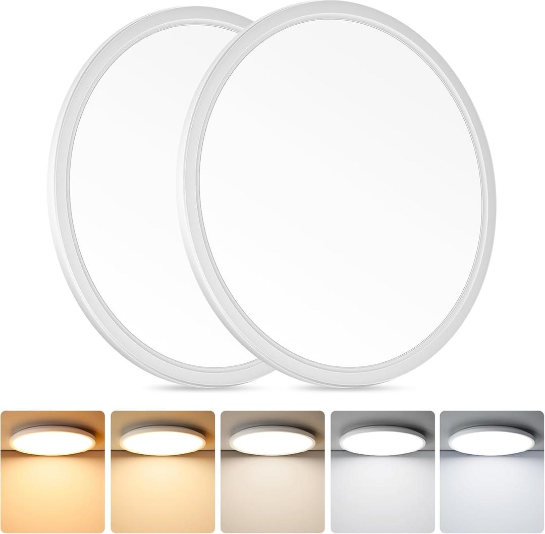 Brightever 12 Inch LED Flush Mount Ceiling Light, 24W 3200LM 5CCT Dimmable LED Ceiling Light Fixture, 2700K/3000K/4000K/5000K/6500K, Ultra Thin Ceiling Lamp for Bedroom, Dining Room, White, 2-Pack