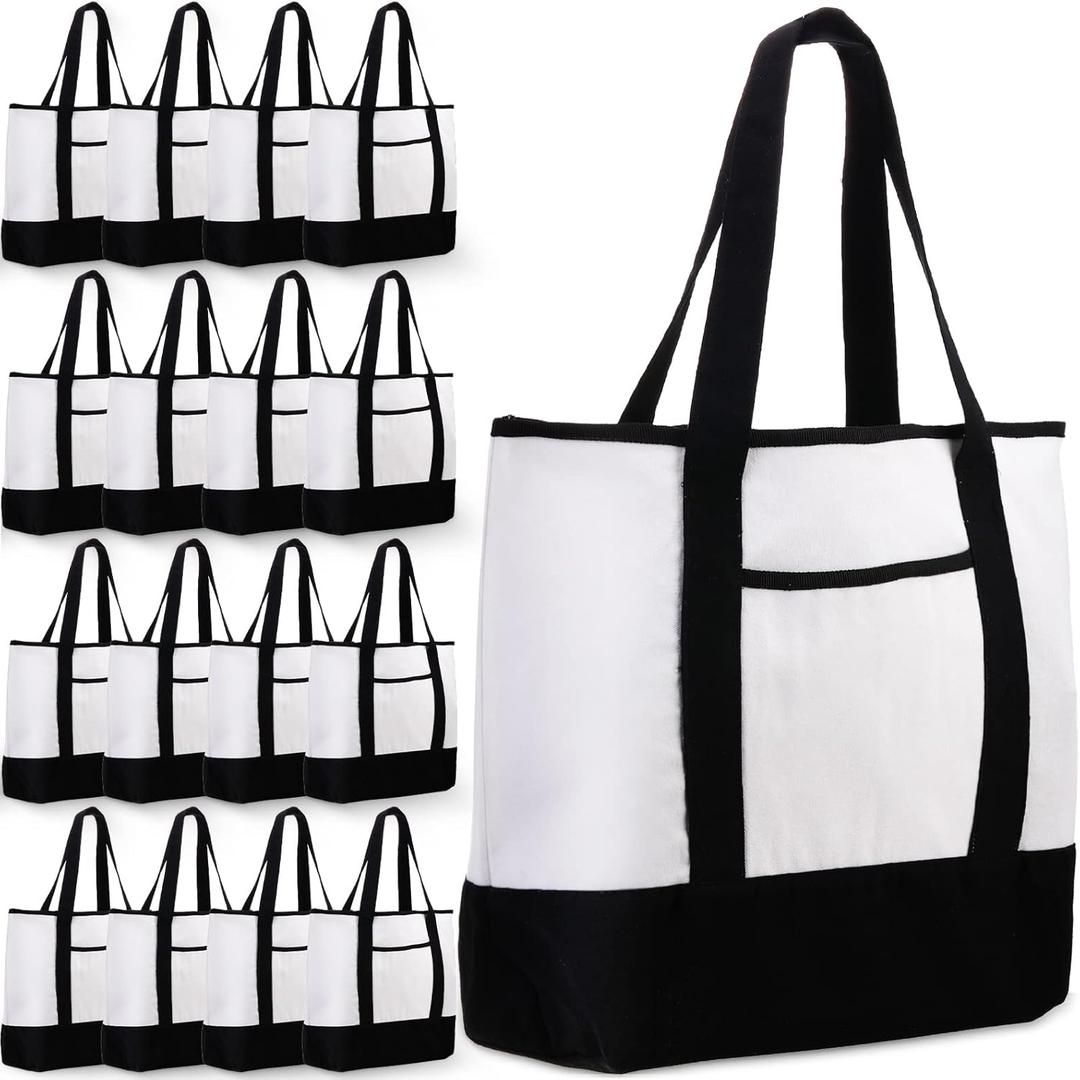 Reginary 16 Pcs Canvas Tote Bags Bulk with Outer Pocket 18 Inch Reusable Shopping Grocery Blank Tote Bag for Women Mother DIY (Black White)