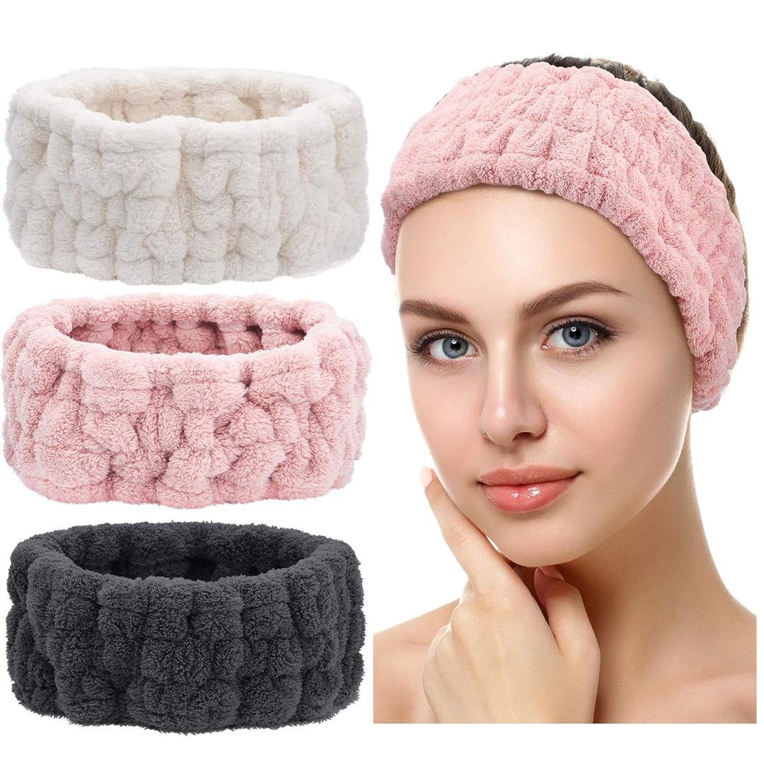 Chuangdi 3 Pieces Spa Headband for Women Facial Makeup Headband Soft Terry Cloth Hairband for Washing Face Mask Spa Shower Gifts(Pink, Milky-White, Dark Grey)