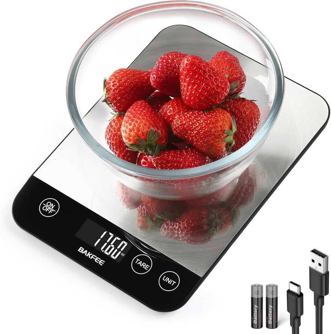 33lb Digital Kitchen Scale, Food Scale Rechargeable with Stainless Steel, Grams and Ounces, USB Charging, 1g High Accuracy for Baking, Cooking, Food BK806 (Black)