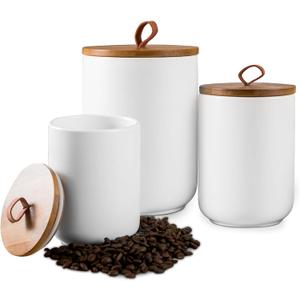 White Canister Sets for Kitchen, 3pcs Ceramic Canisters with Airtight Wooden Lid, Food Storage Jar, Large Kitchen Storage Containers for Serving Coffee Beans, Tea, Sugar, Salt, Spices