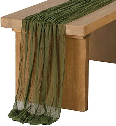 Ling's Moment 14Ft x 35" Wide Olive Moss Green Gauze Semi-Sheer Table Runner Cheesecloth Tablecloth for Wedding Party Bridal Shower Boho Table Decor Moss Green