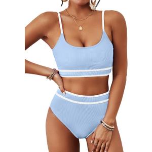 BMJL Women's High Waisted Bikini Ribbed Two Piece Swimsuit High Cut Color Block Adjustable Straps Bathing Suit (Medium)