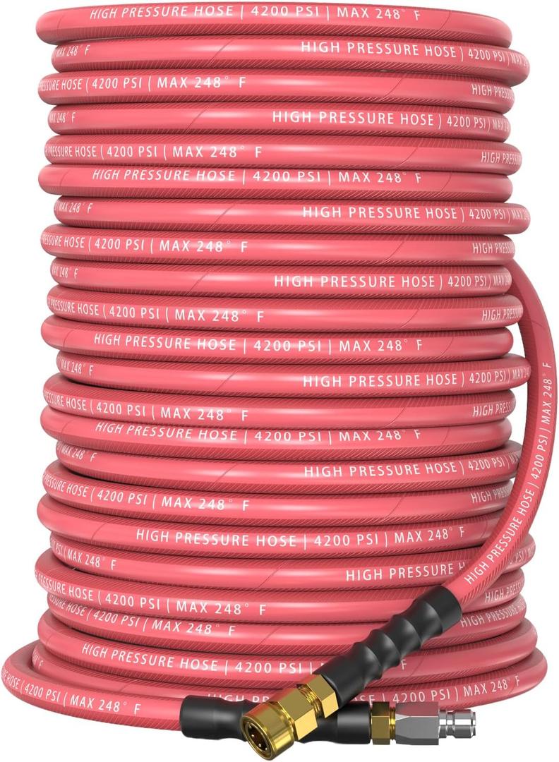 QC Installed Pressure Washer Hose 100 ft, 4200 PSI Flexible & Kink-Resistant, Steel-Braided & Durable, Power Washer Hose with 3/8" 360 Swivel Quick Connect, Hot/Cold Water Compatible, Red
