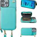 Bocasal Crossbody Wallet Case for iPhone 14 Pro, RFID Blocking Leather Purse Case with Card Holder, Protective Handbag Flip Cover with Slots Zipper Wrist Strap Lanyard Women 5G 6.1 Inch (Mint Green)