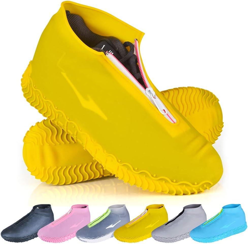 Shoe Covers Waterproof Reusable Foldable Not-Slip Rain Shoe Covers with Zipper,Shoe Protectors Overshoes Rain Galoshes for Kids Men and Women (S (Kids 3-5 Year), Yellow)