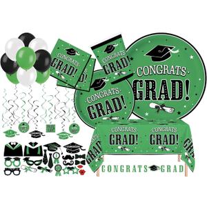 Serves 30 | Complete Party Pack | Congrats Grad Green Party Supplies | 9" Dinner Paper Plates | 7" Dessert Paper Plates | 9 oz Cups | 3 Ply Napkins Beverage and Lunch Napkins | 2 Table Cover | 20 Ph