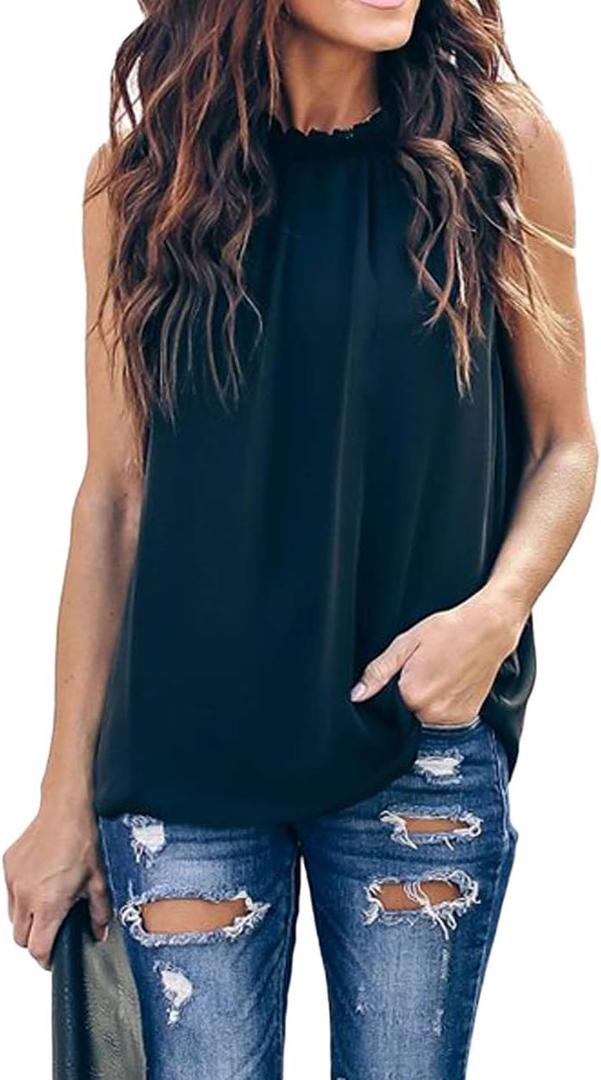 Allimy Women Summer Ruffle Trim Neckline Tank Tops Double Lined Chiffon Blouses (Black, XS)