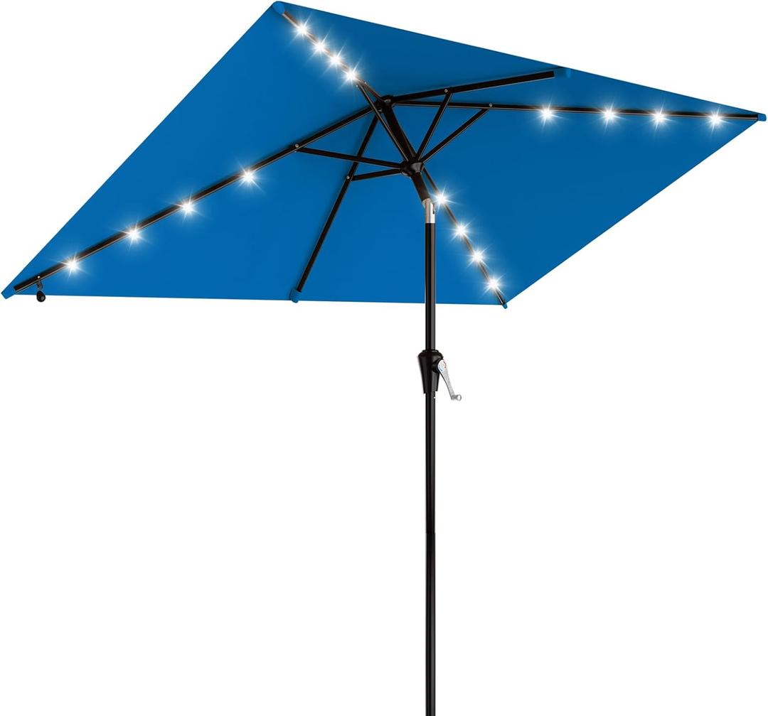 AreShark 6.5' x 10' Rectangular Patio Umbrella with Solar Lights, Solar Powered Lighted Market Umbrella w/Tilt and Crank, Outdoor Table Umbrella for Garden, Deck, Backyard, Pool and Beach, Royal Blue