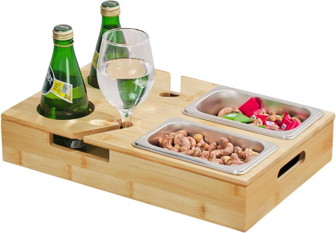 Bamboo Couch Cup Holder Tray with 2 Stainless Steel Snack Bowls - Large Sofa Caddy Organizer (15.5" x 9.8") with Wine Glass Slots & Handles - Portable Bed & Couch Food Server for Movie Night