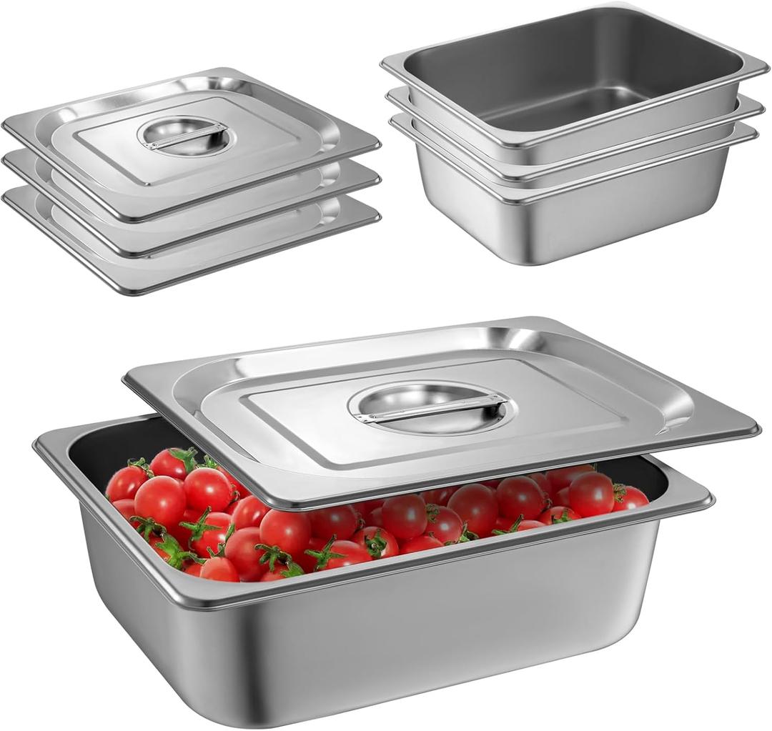 1/2 Size Hotel Pan with Lids 4 Pack, 4'' Deep Steam Table Pan, 12.8''L x 10.4''W Stainless Steel Pans for Home, Party, Hotel, Buffet