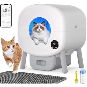 Self-Cleaning Cat Litter Box Double Safety Protection,100L Automatic Litter Box-Robot for Multiple Cats,Large Electric Litter Kitty Box-APP Control,Odor-Free,Liner&Litter Mat&Deodorizing Box
