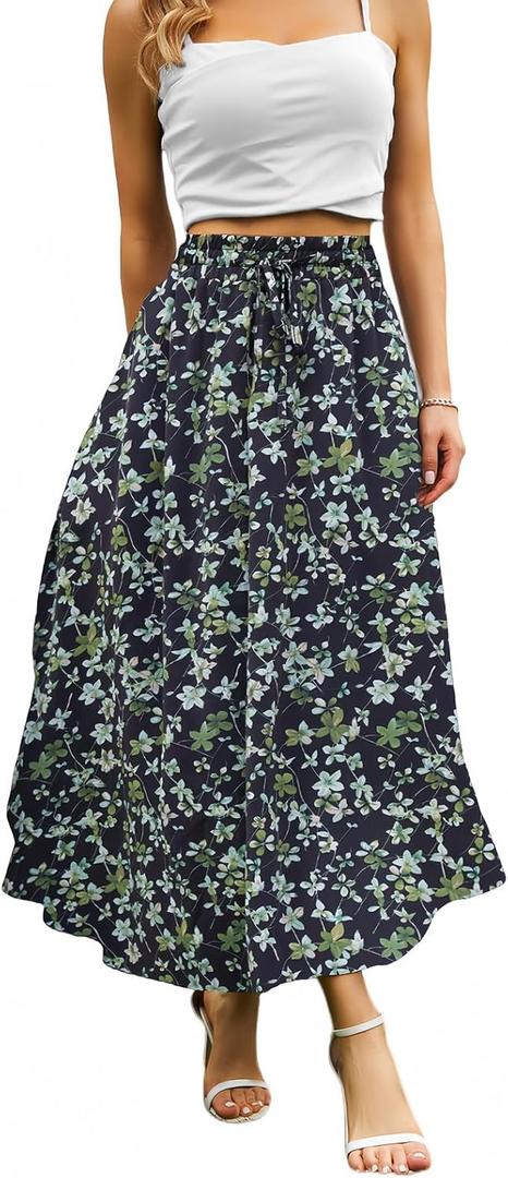 Abaadlw Maxi Skirts for Women with Pockets Long Midi Length Casual Skirt for Beach Party Holiday (Small, Floral Black Green)