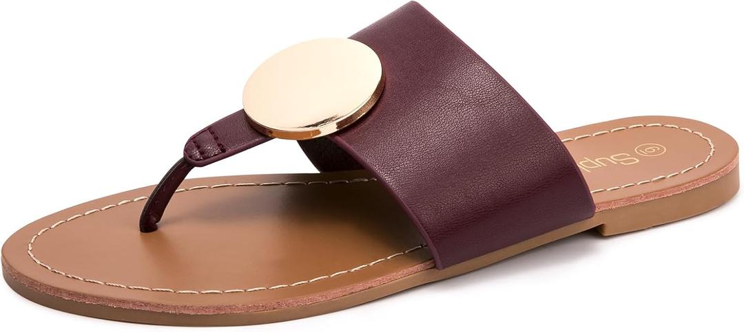 Women's Flip Flops Comfortable Soft T-Strap Flat Sandals Casual Slip on Thong Fashion Slide Sandals Summer Beach Slippers (9, Burgundy)