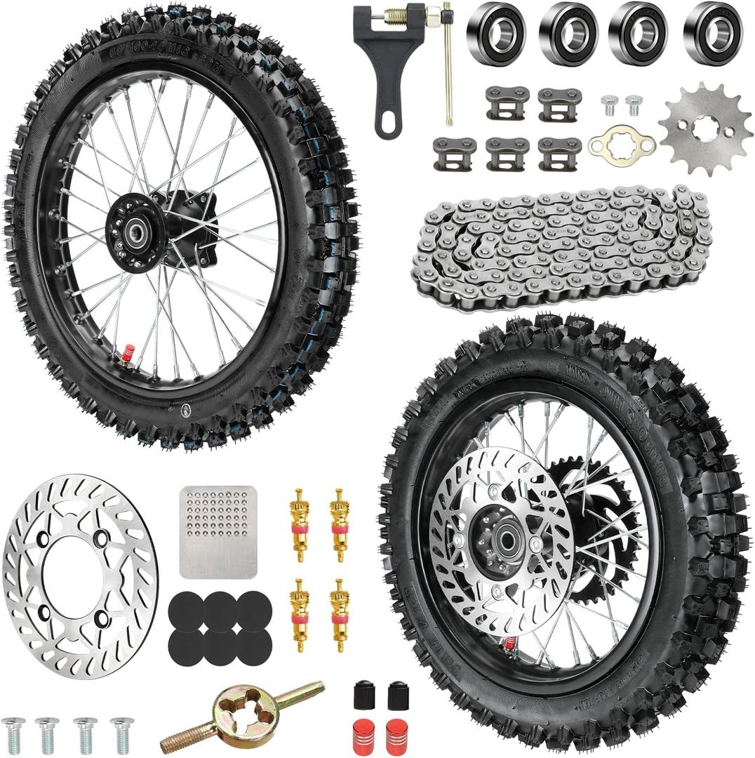 60/100-14 Front & 80/100-12 Rear Wheel Kit 2.50-14 3.00-12 Dirt Bike Tire Rim Assembly Compatible with 110cc 125cc SSR SR125 CRF70 CRF110F KX65 KLX110 PW80 TTR90 TTR110 JR80 DS80 Motorcycle