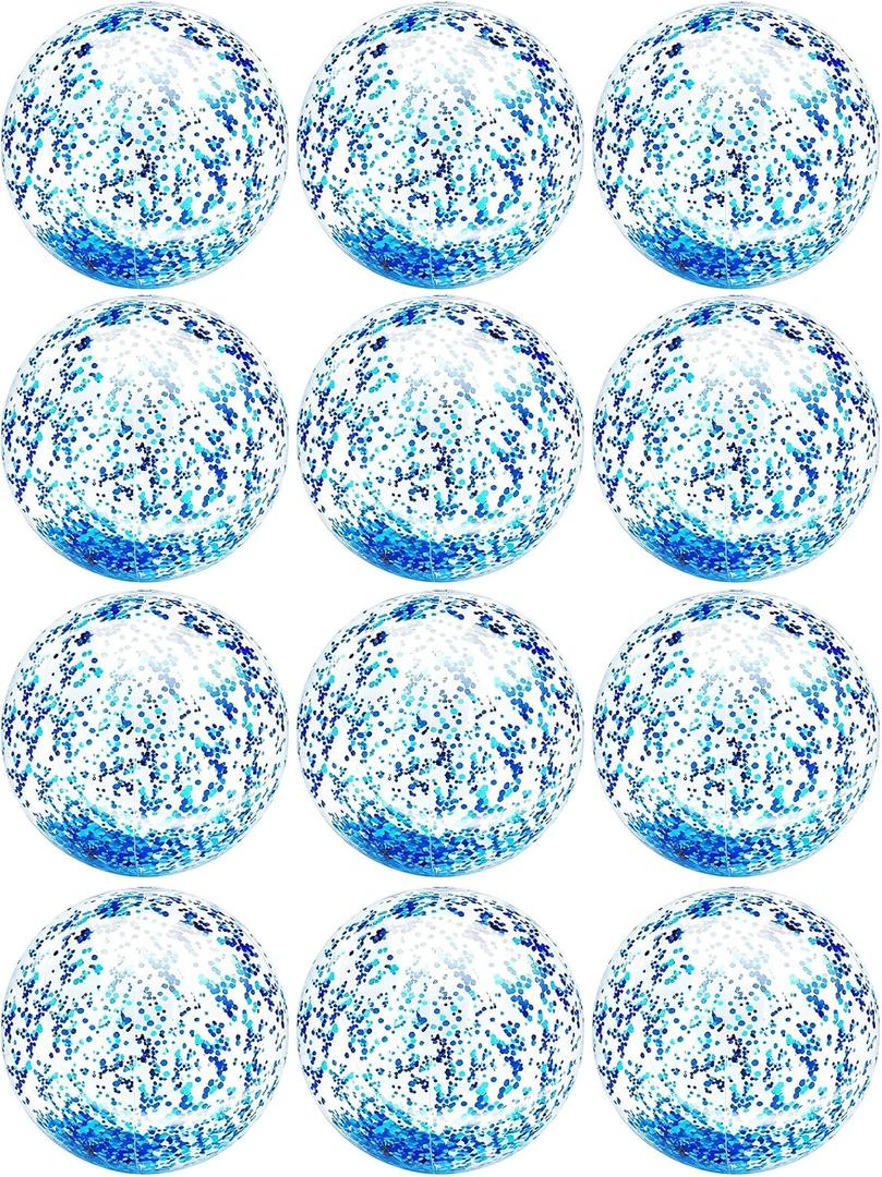 12 Pack Inflatable Glitter Beach Balls Bulk - 16" Beach Ball Swimming Pool Toys for Games Adults Kids, Summer Pool Beach Party Decoration,Luau Decorations Essential Blow Up Beach Ball (Blue,Glitter)