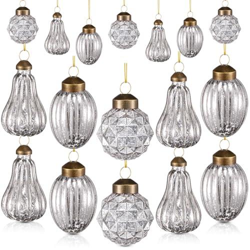 Deekin 22 Pcs Christmas Tree Glass Ornaments Set Mini Vintage Christmas Tree Decoration Xmas Rustic Hanging Glass Ornaments with Loop for Holiday Party Decor, 3 Styles(Silver)