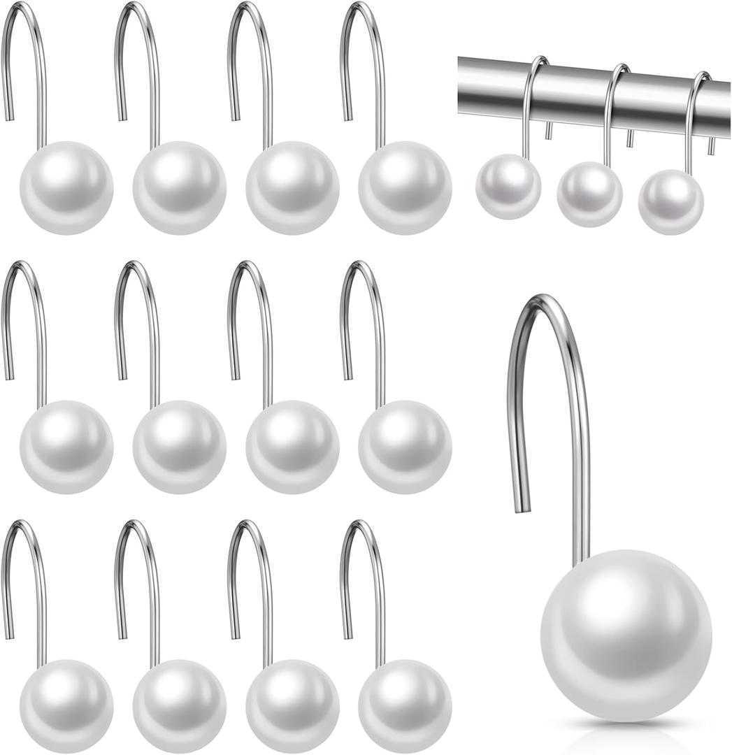 12 Pcs Shower Curtain Hooks Ivory Artifical Pearl Decorative Shower Curtain Rings Vintage Rustproof Cute Curtain Hooks for Country Farmhouse Bathroom Decor