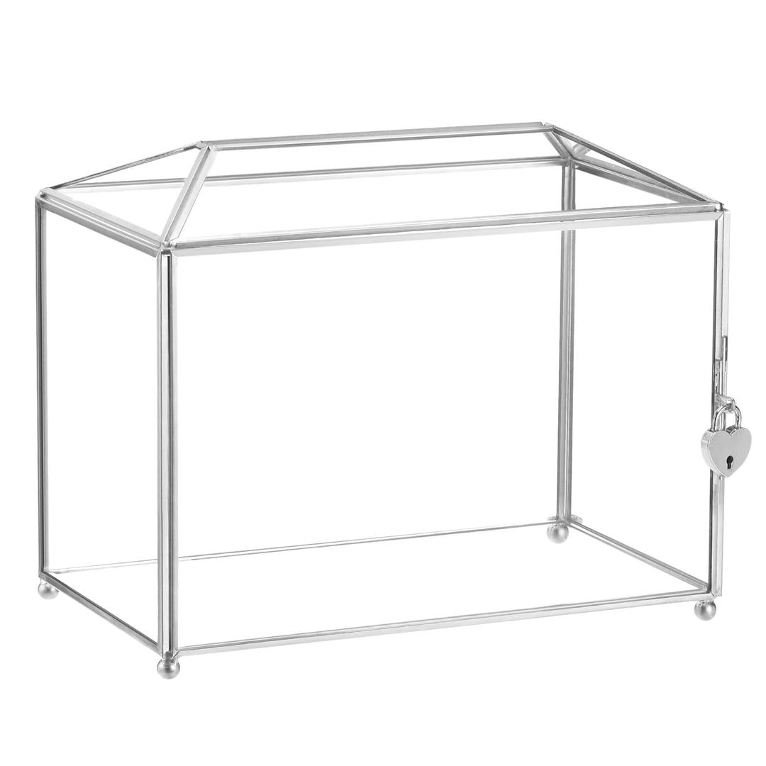 uxcell Glass Card Box Wedding Card Box with Lock for Wedding Reception, 8.85x5.9x7.6 Inches Envelope Card Holder for Reception, Graduation, Silver