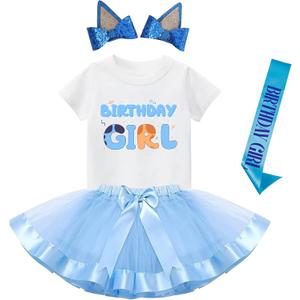 K-Acc Birthday Girl Outfit - T-Shirt, Blue Ears, Tutu Dress, Satin Sash – Gifts for Girls Birthday Party (9-10 Years, White)