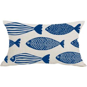 Cariwotan Ink Painting Watercolor Blue Fish Summer Gift Decorative Lumbar Pillowcase Throw Pillow Cover Case Chair Sofa Bed Home Decoration Cotton Linen Rectangular 12 x 20 Inches