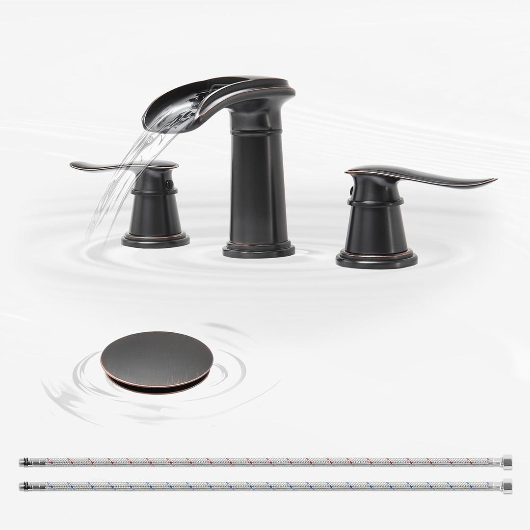 BWE Waterfall Bathroom Faucet, Oil Rubbed Bronze 8 Inch Widespread Bathroom Sink Faucet Two-Handle Waterfall with Pop-up Drain, for Vanity, Lavatory Sink (4.72 inch)