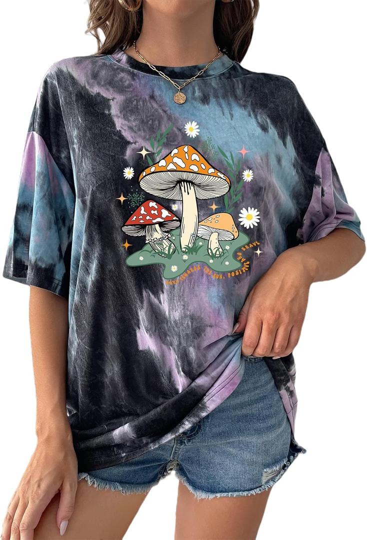Remidoo Women's Casual Crewneck Short Sleeve Sun and Moon Print Tie Dye Oversized Graphic Top T-Shirt (Small)