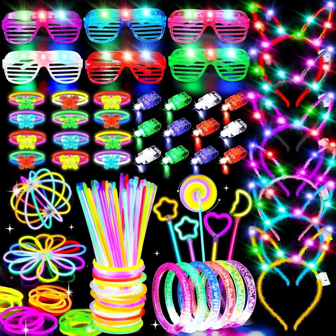 156Pcs Glow In The Dark Party Supplies for Kids/Adults, 4th of July Light Up Accessories LED Bracelet Necklaces Glasses Headband Glow Sticks Bulk Party Pack Neon Disco Birthday Pool Party Decorations